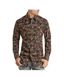 Rock & Roll Cowboy Men's Aztec Print Snap Shirt